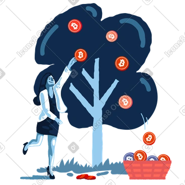 Woman picking bitcoins in basket PNG, SVG