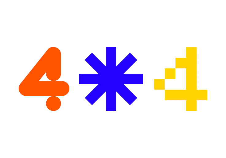 Four colorful symbols: orange number four, blue asterisk, yellow number four - Framework style illustration