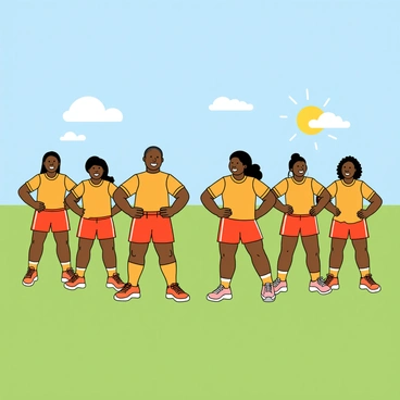 A diverse sports team with members of varying heights and builds, including both men and women, is gathered on a grassy field. They are all wearing matching brightly colored athletic uniforms. Each team member is standing in a line, facing forward, with their hands placed on their hips. They are performing synchronized hip circles, moving their hips in unison. Some members have playful smiles on their faces while others concentrate on the rhythm. The sun is shining brightly overhead, and a few fluffy clouds are scattered in the blue sky, adding a cheerful atmosphere to the warm-up session.