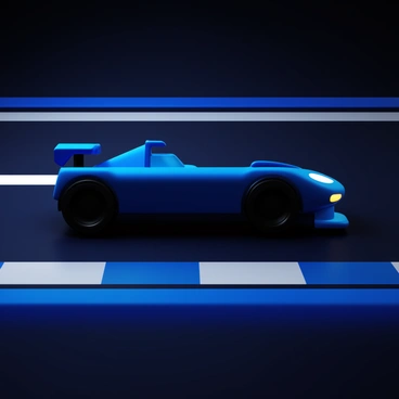 A racecar silhouette speeding down a track. The car is in motion, creating a dynamic sense of speed. There is a bright trail of light extending from the rear of the car, illustrating the swift movement. The track is straight and smooth, emphasizing the car's rapid acceleration. The background is dark, allowing the silhouette and light trail to stand out prominently.