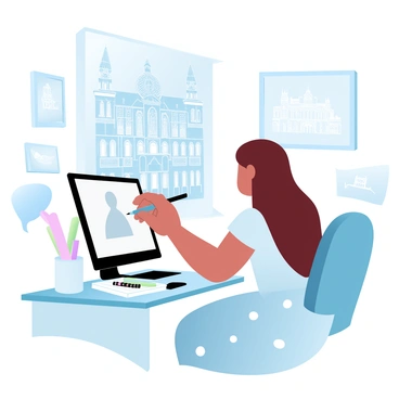 A girl is sitting at a desk, focused on her computer screen while designing a digital illustration. She has long hair and is wearing a dress that features patterns reminiscent of Victorian fashion. The desk is cluttered with various art supplies, such as colored pencils and sketchbooks. Behind her, there is a large print of Victorian architecture, showcasing intricate details and ornate designs. The walls around her are adorned with framed illustrations that reflect the elegance of the Victorian era. A soft light fills the room, creating a warm atmosphere.
