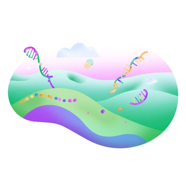 A modern pastel illustration depicting a rolling landscape with soft, undulating hills and gentle valleys. Each hill is adorned with vibrant, colorful DNA strands stretching across the surface, intertwining and spiraling in various directions. Scattered throughout the valleys are distinct epigenetic markers represented as small, multicolored icons, dotting the landscape. The sky above is a soft gradient of pastel colors, blending gently into the horizon. The scene conveys a harmonious and interconnected view of genetics in nature.