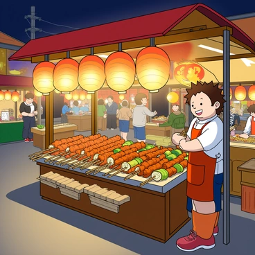 A bustling anime-style street food stall set in a vibrant night scene. The stall is adorned with colorful paper lanterns hanging overhead, casting a warm glow. At the front of the stall, there are wooden skewers filled with various grilled meats and vegetables, neatly arranged on a display. There is an enthusiastic vendor with spiky hair, wearing a bright apron and a cheerful expression while serving customers. The background features lively night market scenes, with more stalls and people enjoying their meals. The ground is illuminated by the soft light from the lanterns, creating a lively atmosphere.