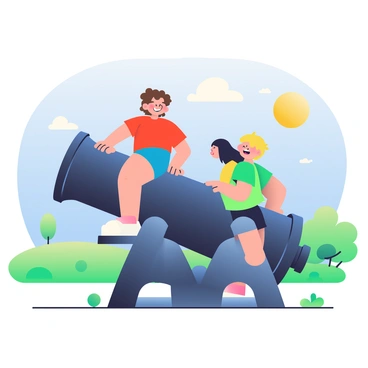 A group of three children is climbing over a large, disused cannon in a sunny park. The cannon is made of dark metal and shows signs of rust. Two children, one with curly brown hair wearing a bright red t-shirt and blue shorts, and another with straight black hair wearing a yellow tank top and shorts, are perched on top of the cannon, laughing. A third child, with wavy blonde hair wearing a green t-shirt, is climbing up the side of the cannon. In the background, there are green grass fields and a few scattered trees under a clear blue sky. The sun is shining brightly, casting vibrant shadows on the ground.