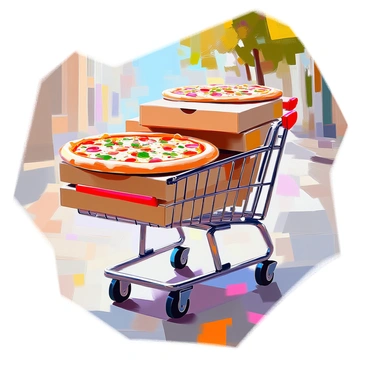 A shopping cart filled with several large pizzas, each topped with a variety of ingredients. The pizzas feature vibrant colors, with melted cheese, pepperoni, vegetables, and fresh herbs. The cart is situated on a sidewalk, with the wheels slightly turned as if ready to roll. There are also pizza boxes stacked on top of the pizzas, showcasing their branding. In the background, a sunny day can be seen with a few trees lining the street, adding to the lively atmosphere of the scene.