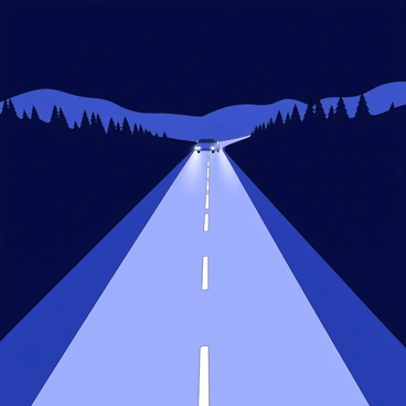 A long stretch of highway at night, with a single car's headlights cutting through the darkness
