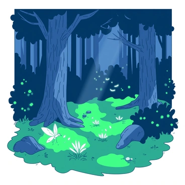 A mystical forest filled with tall trees that have thick trunks and sprawling branches. The ground is covered in lush green moss, illuminated by soft glows from bioluminescent plants scattered throughout. These glowing plants come in various shapes, some resembling delicate flowers while others look like twisting vines. Ethereal creatures, such as small fairies with translucent wings, flit between the plants, leaving trails of shimmering light in their wake. A gentle mist hangs in the air, enhancing the enchanting atmosphere of the forest.