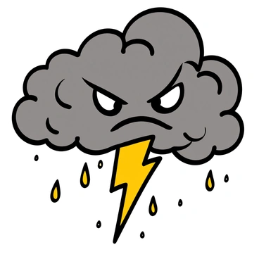 A stormy sky filled with dark gray clouds swirling ominously. In the center, a prominent lightning bolt strikes downward, shaped like an angry face, with fierce eyes and a frowning mouth. Flashes of illumination highlight the jagged edges of the clouds, and small raindrops can be seen falling from the sky, emphasizing the intensity of the storm. The overall atmosphere conveys a sense of turbulence and power.