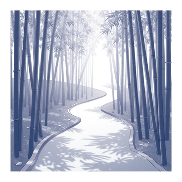 A winding pathway meanders through a dense bamboo forest. Tall bamboo stalks rise on either side of the path, creating a natural archway overhead. Dappled sunlight filters through the leaves, casting intricate patterns of light and shadow along the ground. The path is subtly worn, suggesting frequent use, and small stones are embedded in the earth, adding texture to the scene. The air appears still, enhancing the sense of peace in the environment.