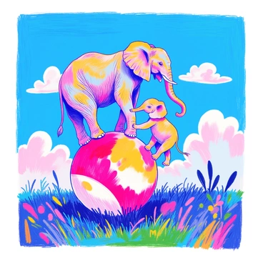 A pair of elephants stands on a large red and white ball. The first elephant is slightly larger, with textured gray skin and large ears flapping gently. It balances gracefully on one front leg while the other legs are poised in the air. The second elephant, smaller and younger, mirrors its stance, with its trunk raised playfully. A vibrant blue sky is in the background, and a few fluffy white clouds drift lazily. The grass below is a rich green, adding contrast to the colorful scene.