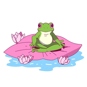 A green tree frog is sitting in a meditative pose on a large pink lotus leaf. The frog's eyes are closed, and its front legs are resting gently on its knees. The lotus leaf is floating on a calm body of water, with soft ripples extending outward. Surrounding the frog are several delicate pink lotus flowers, creating a serene atmosphere. The sunlight filters through, casting gentle shadows on the leaf and enhancing the tranquil scene.
