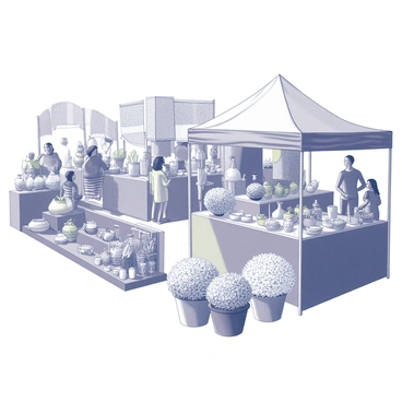 A lively outdoor festival venue filled with numerous stalls showcasing local crafts. Each stall features intricate handmade items such as woven baskets, ceramic pottery, and beaded jewelry. Surrounding these displays, people engage in conversations and admire the products. Vibrant fynbos flowers are prominently displayed throughout the area, with clusters of unique blooms arranged in artistic formations. Banners and decorations made from fynbos elements add to the festive atmosphere, while visitors are seen enjoying traditional dances and performances in the background.