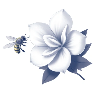 A bee in flight, hovering near a large, blooming gardenia flower. The gardenia features white petals, tightly curled and layered, with a glossy texture. The bee is depicted with detailed wings, capturing the essence of movement. Pollen grains are visible as they collect on the bee's legs and body, highlighting the interaction between the insect and the flower. The surrounding area includes dark green leaves, providing a backdrop that emphasizes the gardenia's prominent bloom.