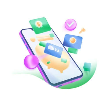 A modern pastel illustration featuring a sleek smartphone positioned upright. The screen of the smartphone displays various payment notification bubbles in vibrant colors, such as green, blue, and yellow. Each bubble contains symbols like a dollar sign, a credit card, and a checkmark. The bubbles are rising above the smartphone, creating a dynamic effect, while a soft gradient background enhances the overall appearance.