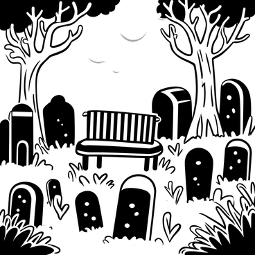 A graveyard filled with overgrown tombstones, some partially obscured by creeping vines and moss. Wisps of fog swirl low to the ground, creating a sense of mystery. The twilight sky casts shadows across the scene, enhancing the intricate designs carved into the tombstones. A gnarled tree stands in the background, its branches stretching out like bony fingers. A weathered bench sits among the graves, inviting contemplation.