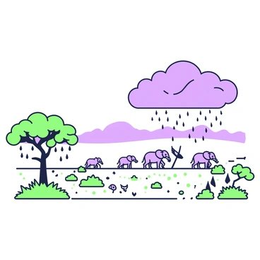 A savanna landscape stretches across the image, with dry grass and sparse trees. Dark clouds gather above, obscuring the blue sky, signaling an impending rainstorm. As rain begins to fall, droplets create ripples on the dusty ground. In the foreground, a single green acacia tree stands resilient, its leaves glistening with water. Patches of fresh green grass start to emerge, contrasting with the parched earth. In the distance, a herd of animals, including silhouettes of elephants and antelopes, can be seen moving towards the rainfall, eagerly approaching the rejuvenating scene.