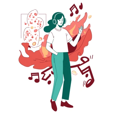 A person wearing large teal headphones is standing in a dynamic pose. Surrounding them are various vibrant musical notes in shades of red and orange, swirling around in an energetic display. The person's expression is focused, as if they are deeply immersed in the music. The background is filled with abstract shapes and colors that enhance the lively atmosphere, adding to the sense of rhythm and sound.