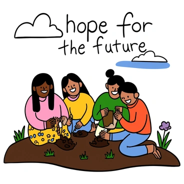 A group of Native American children with varying skin tones and traditional clothing are kneeling on the ground, planting seeds in fresh soil. They are surrounded by bright green grasses and small patches of colorful wildflowers. The children are smiling and focused on their task. One girl with long black hair is gently placing seeds into the earth, while a boy with short brown hair is holding a small bag of seeds. In the background, there are a few distant trees and a clear blue sky with fluffy white clouds, indicating a sunny day. "Hope for the future" is written in the air above them in curly, playful letters.