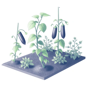 A vegetable garden filled with a variety of plants. The garden features several green leaves and sturdy stems supporting “ripe aubergines” hanging from healthy vines. The ground is rich and textured, showing patches of soil with plants interspersed among the vegetables. The overall scene is abundant, showcasing the vigorous growth of the plants in a structured layout.