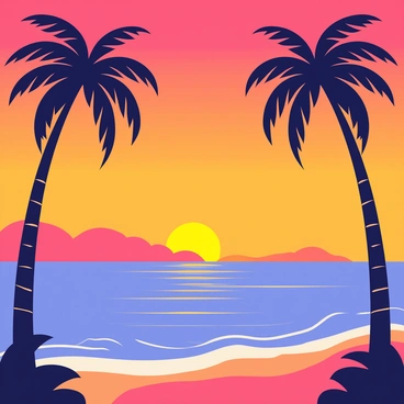A sunset view over the ocean with vibrant orange and pink hues filling the sky. The sun is partially hidden behind the horizon, casting a warm glow on the water's surface. Silhouettes of tall palm trees are prominently featured in the foreground, their fronds gently swaying in the breeze. The ocean reflects the colors of the sky, creating a harmonious scene with gentle waves lapping at the shore.