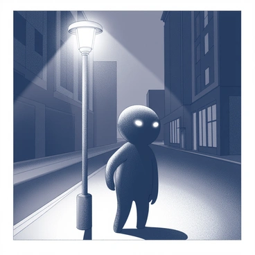 A shadowy figure with indistinct features is positioned close to a streetlamp. The streetlamp emits a soft, diffused light that creates a stark contrast against the surrounding darkness, illuminating a small area on the pavement. The urban street is devoid of any vehicles or pedestrians, enhancing the sense of isolation. The buildings on either side are tall and imposing, casting long shadows that stretch into the night. The overall atmosphere is quiet and tense, with the shadow creature appearing to watch the surroundings cautiously.