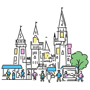 A grand cityscape of Númenor, featuring tall, majestic towers with intricate architectural details. The towers are adorned with decorative elements and have varying heights. Below, bustling streets are filled with people engaged in daily activities. There are market stalls displaying various goods and pedestrians walking along the cobblestone paths. Bright banners hang from the towers, adding color to the scene. A few trees line the streets, providing some greenery amidst the urban environment. The sky above is clear, enhancing the view of the city.