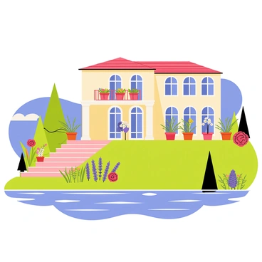 An elegant villa with a pale yellow facade and terracotta roof is situated on a hillside overlooking Lake Como. The villa features large, arched windows and a balcony adorned with vibrant flower pots. Surrounding the villa are lush gardens filled with blooming flowers in a variety of colors, including red roses and purple lavender. In the background, the clear blue sky is visible, adding a bright contrast to the scene. The shimmering surface of Lake Como reflects the sunlight, enhancing the tranquil atmosphere.