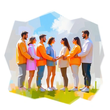 A diverse group of people standing together, holding hands to represent global unity and inclusion. The individuals vary in age, gender, and ethnicity, showcasing a blend of different cultural backgrounds. They are arranged in a circle with smiles on their faces, symbolizing camaraderie and connection. The setting features a sunny outdoor environment, with green grass underfoot and a blue sky above. Each person is dressed in colorful clothing that reflects their unique heritage.