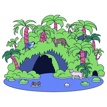 An exotic island with lush, dense jungle filled with various shades of green. In the foreground, there is a mysterious cave entrance partially obscured by thick vines and moss. The entrance is dark, contrasting with the vibrant foliage surrounding it. Scattered throughout the jungle are wild animals, such as a colorful parrot perched on a branch and a sleek jungle cat quietly observing its surroundings. Sunlight filters through the canopy, creating dappled patterns on the forest floor.