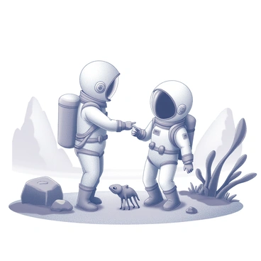 Two children wearing space suits are exploring an alien planet. The space suits are detailed with various panels and buttons, suitable for interstellar exploration. The landscape around them features unusual rock formations and peculiar plant life. Some of the plants have elongated shapes and emerge from the ground. In the background, there are larger mountains that tower against the horizon. The children are interacting with their environment, pointing at an alien creature that is visible nearby.