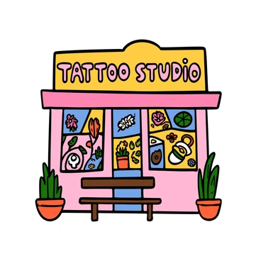 A quaint tattoo shop with a colorful sign displaying the words "Tattoo Studio" prominently in bold letters. The shop's windows are filled with vibrant artwork showcasing various tattoo designs, including flowers, animals, and abstract patterns. The exterior of the shop is painted in a soft pastel color, adding to its charm. There are potted plants on either side of the entrance, and a small wooden bench is placed in front, inviting customers to sit and admire the art.