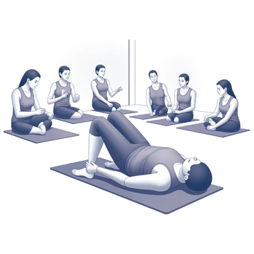 A fitness instructor is positioned on a gym mat in a demonstration of the glute bridge exercise. The instructor is lying on their back, with knees bent and feet flat on the ground, shoulder-width apart. Their arms are resting at their sides. The exercise involves lifting the hips towards the ceiling, creating a straight line from the shoulders to the knees. In the background, a group of students is watching attentively, some taking notes, while others are preparing to mimic the instructor's position. The gym is equipped with various fitness mats and exercise equipment.