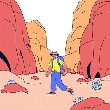 An ex-explorer is walking through a vast canyon surrounded by towering rock formations. The canyon walls are rugged and steep, displaying layers of earthy tones like red, orange, and brown. The ex-explorer is dressed in practical hiking gear, including a wide-brimmed hat and a sturdy backpack. He pauses in his steps, looking up in awe at the dramatic cliffs that soar high above him. Sunlight filters through the narrow openings in the canyon, casting soft shadows on the ground. Small desert plants and cacti dot the rocky terrain around him.