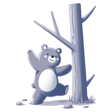A cartoon bear is positioned beside a tall, sturdy tree. The bear has a lighthearted expression, with its mouth curved into a playful grin. One of its front paws is raised playfully in the air, emphasizing its silly dance. The bear has a rounded body, large ears, and a furry texture that is simplified in design. The tree features a thick trunk with broad branches extending outwards, providing a natural setting for the bear's antics. The ground beneath them is uneven, scattered with small rocks and patches of grass, creating a lively atmosphere.