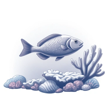A fish swimming gracefully in a vibrant coral reef. The fish has detailed scales that reflect light, creating a shimmering effect. Surrounding the fish, various coral formations provide texture and depth, with intricate shapes and patterns. The water is clear, allowing visibility of the diverse marine life and the colorful corals in the environment.