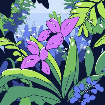 A rare and exotic orchid with vibrant purple petals is blooming in the dense understory of a tropical forest. The orchid features elongated, delicate petals that curve elegantly. Surrounding the orchid are lush green leaves and ferns, creating a rich backdrop. Dappled sunlight filters through the canopy above, casting soft shadows on the forest floor. The scene includes hints of other tropical plants in the background, enhancing the sense of biodiversity in this vibrant environment.