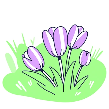 A cluster of crocus flowers is blooming in a meadow. The flowers are open, displaying their delicate petals, and are surrounded by green grass and a few small leaves. The early morning light is gently illuminating the scene, casting soft shadows and creating a warm glow around the flowers. In the background, there are hints of additional greenery and the faint outline of distant hills, creating a sense of depth in the landscape.