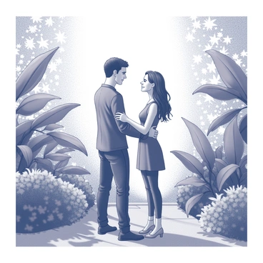 Winston and Julia are standing closely together in a secluded garden. They appear engaged in an intimate conversation, exchanging knowing glances and soft smiles. The garden is filled with dense foliage, including large leaves and blooming flowers. The light filtering through the leaves creates patterns on the ground, illuminating their figures subtly. Small details such as delicate vines and a stone path can be seen weaving through the plants, adding depth to the scene.