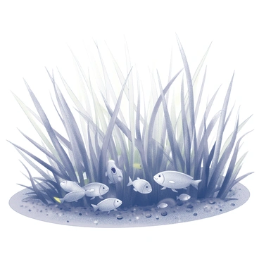 An underwater scene showcasing a vibrant meadow of flowing seagrass. The seagrass sways gently with the currents, creating a lush environment. Small fish dart in and out among the grass, utilizing it as shelter. The fish vary in size and shape, moving gracefully through the dense foliage. Sunlight filters down from the surface, casting soft shadows and illuminating the intricate details of the seagrass. The seabed is visible, covered in fine sand and small pebbles, adding texture to the underwater landscape.