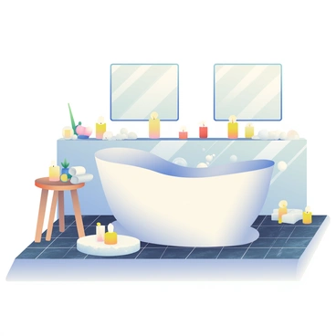 A luxurious bathroom features a large, freestanding marble bathtub, elegantly shaped with a polished surface. The bathtub is filled with bubbles, and numerous candles of varying heights are arranged around it, casting warm, soft light. The floor is adorned with a plush white rug that contrasts with the dark marble tiles. On the wall, there are framed mirrors that reflect the calm ambiance of the space, and a small wooden stool holds a folded white towel and a bottle of bath oil. The overall atmosphere suggests a perfect retreat for relaxation.