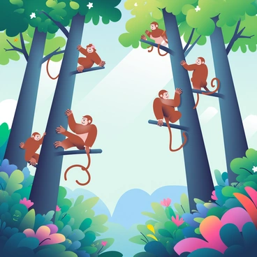A group of monkeys with varying shades of brown fur are skillfully climbing towering trees in a vibrant tropical forest. The trees have thick trunks and lush green leaves, reaching high into the bright blue sky. Sunlight filters through the foliage, creating dappled patterns on the forest floor. The monkeys are playfully swinging from branch to branch, while some are perched on high branches, curiously looking around. Colorful tropical flowers and dense underbrush add to the richness of the forest scene.