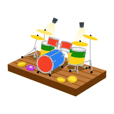 A vibrant and colorful drum kit featuring a blue bass drum, a red snare drum, and multiple tom-toms in various shades of yellow and green. The kit is arranged on a wooden stage with polished finish. Bright spotlights shine down from above, illuminating the drums and casting dynamic shadows on the floor. Several percussion instruments, like cymbals and tambourines, are placed nearby, enhancing the visual appeal of the setup. The overall atmosphere suggests an energetic music performance, with the drums as the central focus.
