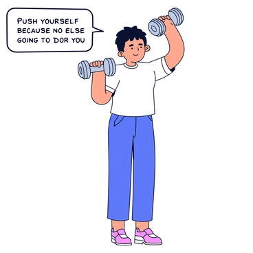 A person performing a dumbbell shoulder press, standing with feet shoulder-width apart. The individual has a focused expression and is lifting two dumbbells, one in each hand, above their head. The dumbbells are silver with a textured grip. The background has a simple design, emphasizing the person and the exercise. In the top portion of the image, there is an overlay featuring the quote "Push yourself, because no one else is going to do it for you," written in an easy-to-read font.