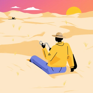A traveler wearing a wide-brimmed hat is sitting on a sand dune in the middle of a vast desert landscape. The sky is painted in hues of orange and purple as the sun sets on the horizon. The traveler is holding a small silver harmonica, playing a tune. Surrounding the traveler are gentle rolling sand dunes and scattered tufts of dry grass, with a few distant silhouettes of cacti. A soft breeze ripples through the sand, creating subtle patterns.