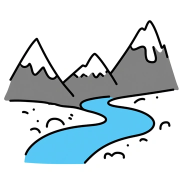 A narrow river with clear blue water, winding through a rugged mountain pass. The banks of the river are lined with scattered rocks and patches of green grass. In the background, towering snow-capped peaks rise sharply into the sky, their white tops contrasting with the deep gray of the rocky mountains. The scene captures the natural beauty of the landscape, highlighting the river's gentle curves and the imposing mountains.