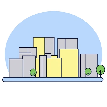 A cityscape featuring a variety of solid rectangular and square buildings. The structures are arranged in a grid pattern, each building displaying a uniform height and clean lines. The buildings are colored in shades of gray and beige, creating a cohesive urban look. The scene includes a few small green trees placed between the buildings, adding a touch of nature to the city environment. The sky above is a clear blue, providing a bright contrast to the architecture below.