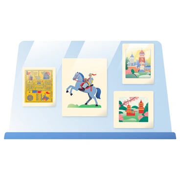 A large display case is filled with historical illustrations from various eras and cultures. Each illustration is mounted on a separate foam board for clarity. On the left, there is an ancient Egyptian illustration depicting hieroglyphics and a pharaoh surrounded by servants. In the center, a medieval European illustration shows a knight in armor on horseback, holding a sword and shield, with a castle in the background. To the right, a vibrant illustration from the Ming Dynasty features traditional Chinese landscapes with pagodas and blooming cherry blossom trees. Soft lighting highlights the details of each piece, casting gentle shadows inside the display case. The background is a neutral color to keep the focus on the illustrations.