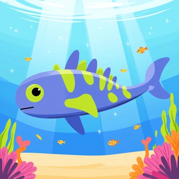 A colossal Goliath creature with multiple fins and a streamlined body is swimming through the depths of a vibrant ocean. The creature is adorned with colorful patterns, showcasing shades of blue, green, and yellow along its body. Schools of small, brightly colored fish are swimming around the Goliath, creating a lively underwater scene. Sunlight filters through the water above, casting sparkling beams and illuminating the sandy ocean floor. Coral reefs with diverse shapes and colors are visible in the background, adding to the richness of the underwater environment.