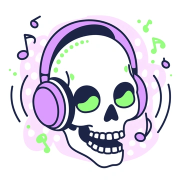 A detailed skull is wearing a pair of oversized headphones that cover its ears. The skull is positioned at a slight angle, as if it is nodding in rhythm to an unseen beat. Surrounding the skull are musical notes and sound waves emanating from the headphones, illustrating the flow of music. The background features a gradient pattern that enhances the focus on the skull and headphones. The overall composition captures the energetic movement of the skull as it engages with the music.