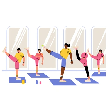 A group of five participants in an evening fitness class are performing leg raises in a brightly lit studio. Each participant is dressed in colorful workout attire, showcasing a variety of vibrant colors. The studio features large mirrors on the walls, reflecting the participants' focused expressions as they execute the exercise. The floor is covered with blue exercise mats, and there are fitness equipment items, like small weights and water bottles, scattered around the room. Sunlight streams in through large windows, illuminating the space and creating dynamic shadows on the floor.